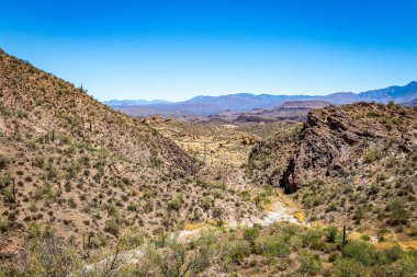 Arizona Eyaleti Rout 88 boyunca çöl manzarası. Apaçi Patikası olarak bilinen eski bir posta arabası rotası..