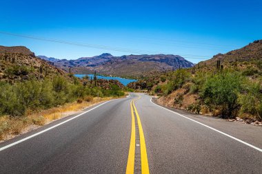 Arizona Eyaleti 88. karayolu boyunca çöl manzarası. Apaçi Patikası olarak bilinen eski bir posta arabası rotası..