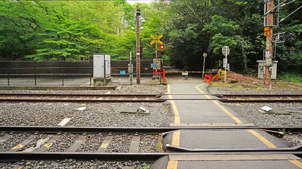 Openlucht Trein Spoor Met Verkeer Waarschuwing Licht Japan Platteland — Stockfoto