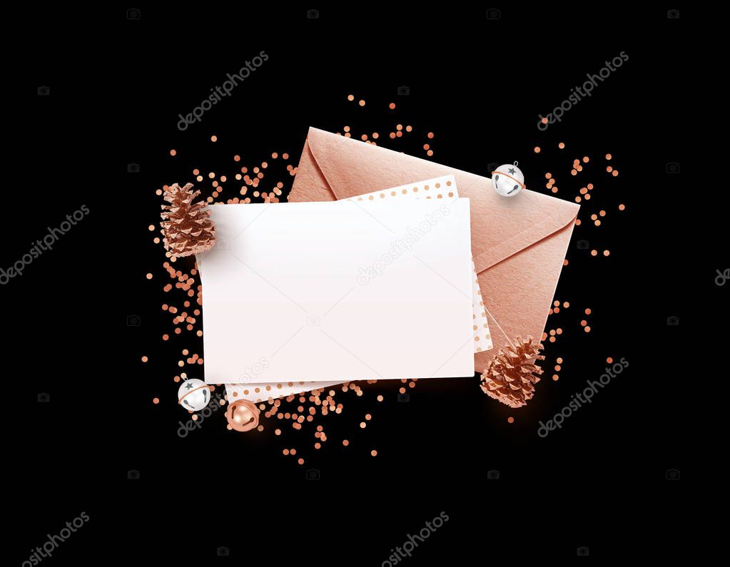 Eleglance stylish Empty memo paper, rose gold envelope mock-up design template with Christmas decoration pops