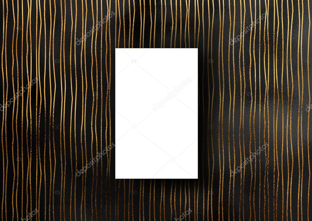The business card mock-up template with gold glitter crooked and wavy line pattern fashion dark paper background