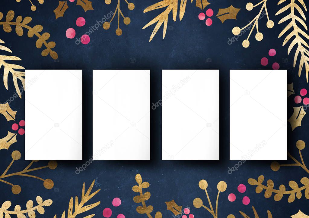 The business card mock-up template dark blue grungy background with elegant floral border