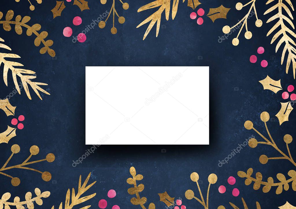 The business card mock-up template dark blue grungy background with elegant floral border