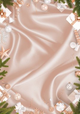 Yeni yıl bronz dekorasyon sınır ve altın ipek kumaş arka plan