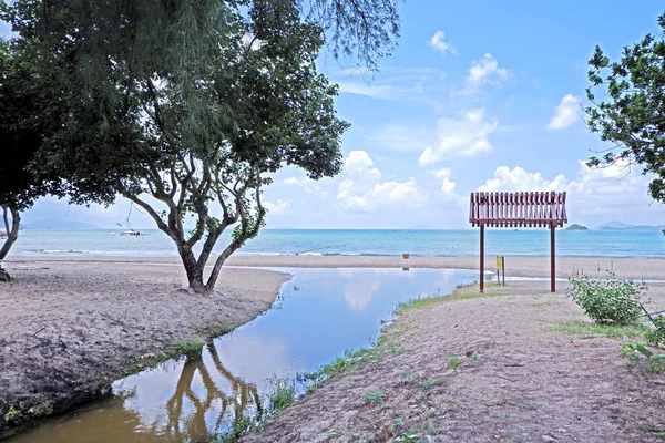 Praia Litoral Árvore Céu Nuvem Com Reflexão Sobre Lagoa Água — Fotografia de Stock