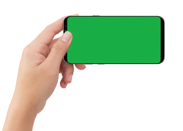 Isolato mano sinistra umana tenendo nero schermo verde mobile intelligente — Foto Stock