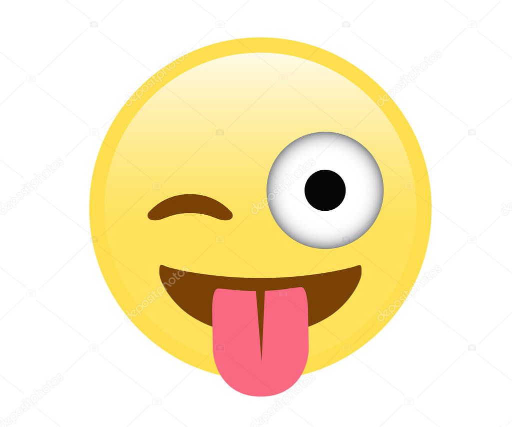 Vector isolated yellow smiley face with tongue, wink eye icon