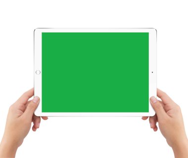 İzole insan iki el yeşil ekran beyaz tablet compu tutarak