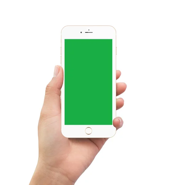 Isolerad mänsklig vänster hand som håller grön skärm vit mobil smart — Stockfoto