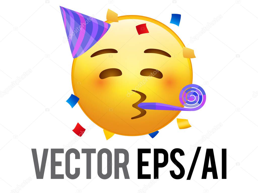 vector yellow kissing red cheek face icon, party hat
