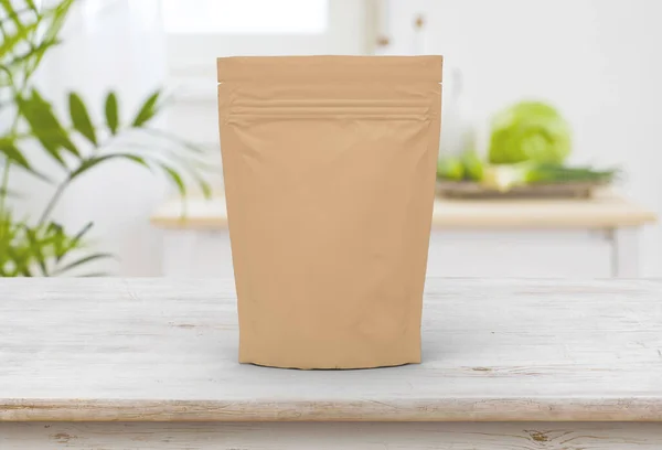 Beige Food Snack Pouch Bag Packaging Mock Design Front View — Stock Photo, Image