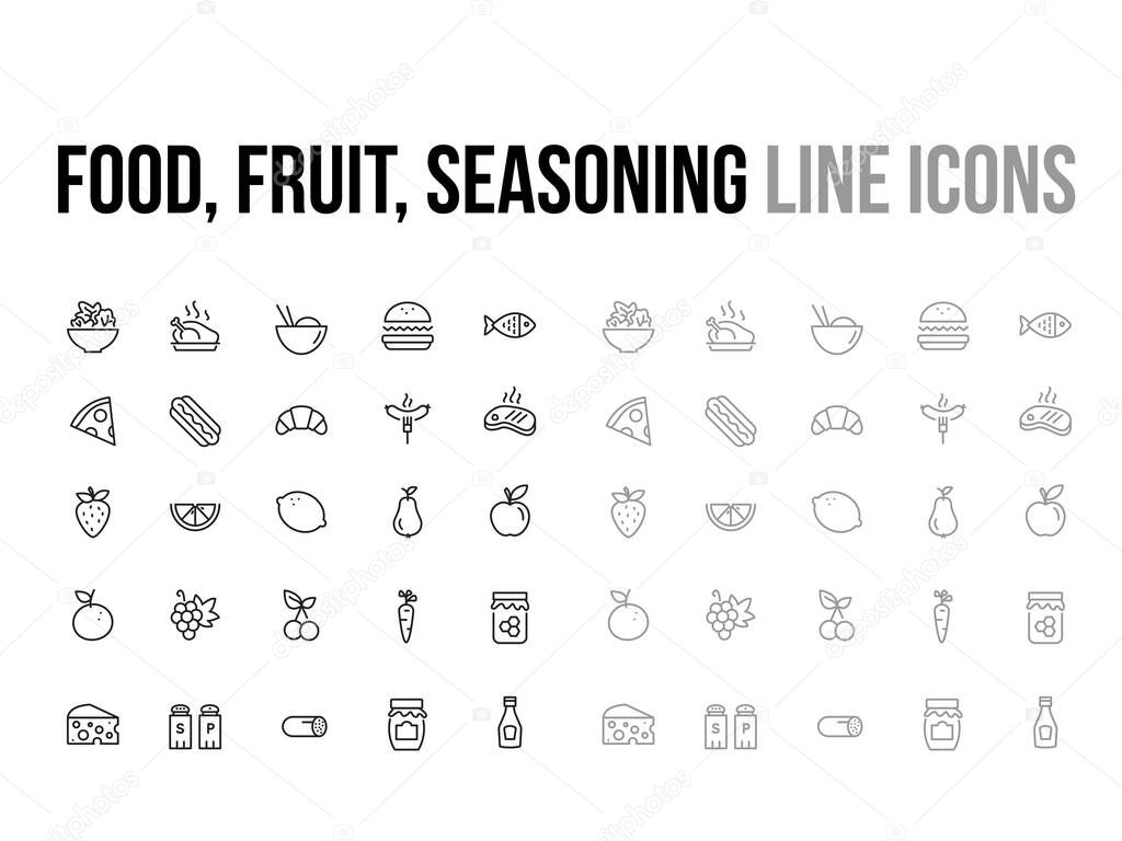Food, fruit, seasoning vector thin line icon collection - app and mobile web responsive