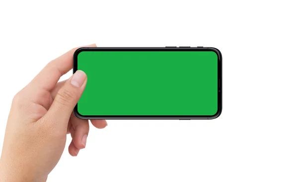 Изолированная Левая Рука Человека Держит Черный Мобильный Смартфон Макет Зеленого — стоковое фото