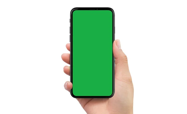 Isolerad Mänsklig Högerhand Håller Svart Mobiltelefon Enhet Mockup Grön Skärm — Stockfoto