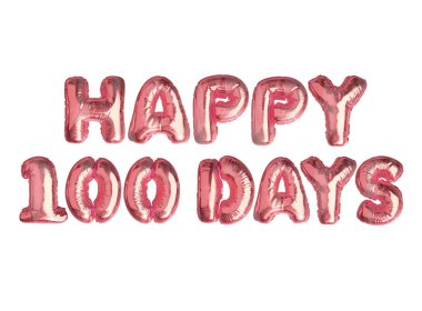 İzole edilmiş metalik pembe hava balonu kelimesi Mutlu 100 gün beyaz arka planda
