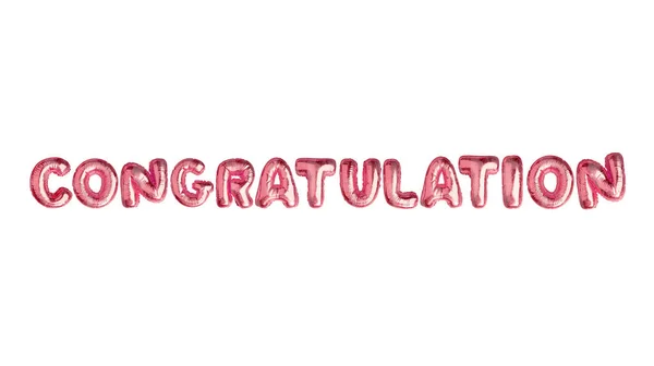 Het Geïsoleerde Metallic Roze Luchtballon Woord Congrats Witte Achtergrond — Stockfoto