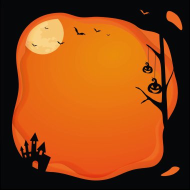 Kare vektör kare şablonu siyah, turuncu katman kenarı, ay, yarasa, balkabağı