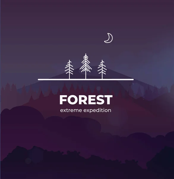 Trendy Forest logo badge in outline style. In the background vector landscape with forest and mountains, you can change the size without losing quality. — Stock Vector