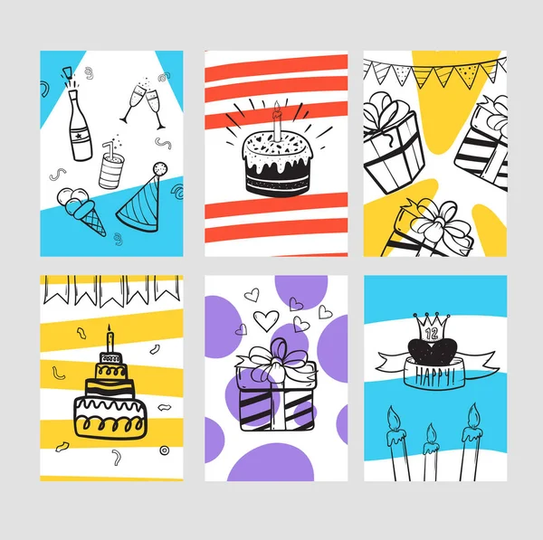 Doğum günü tebrik kartları kümesi. Tasarım ve davet için renkli kartları.