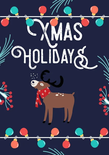 Рождественская открытка с оленями и лампами. Векторная иллюстрация . — стоковый вектор