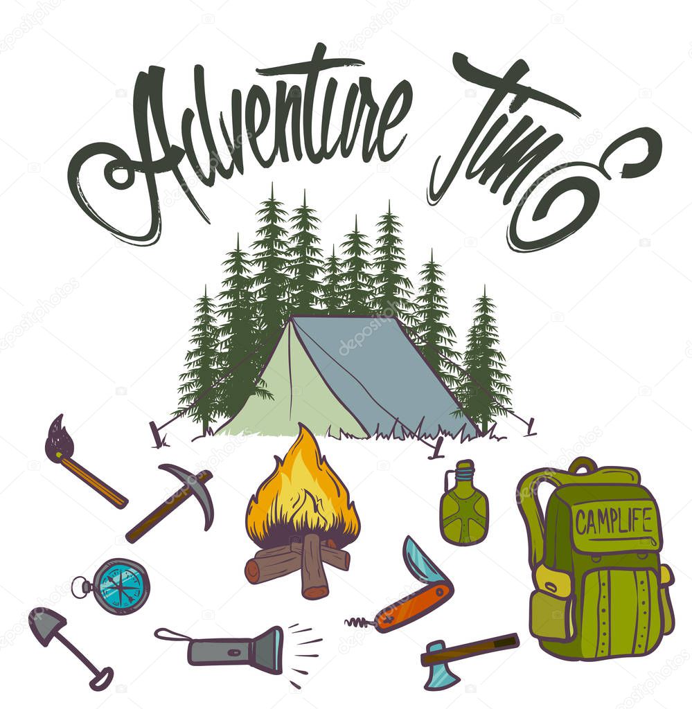 Hand drawn vector icon of orange camping flashlight. Tourist equipment. Graphic element in doodle style