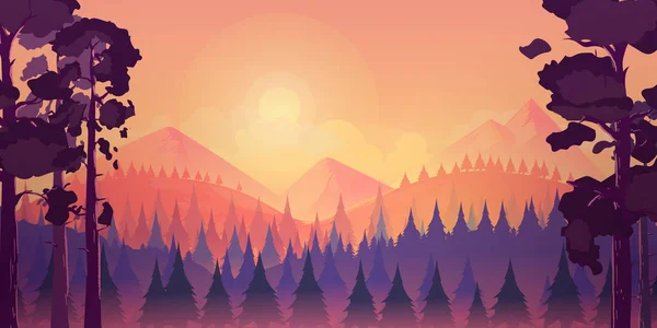 Sonnenuntergangslandschaft mit Berg und Wald, Vektorillustration für Ihr Projekt — Stockvektor