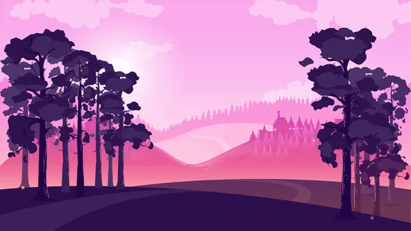 Paisaje púrpura con campos y colinas, ilustración vectorial . — Archivo Imágenes Vectoriales
