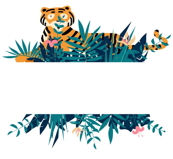 Cadre d'été avec feuilles de jungle tropicale, fleurs et tigre. . — Image vectorielle