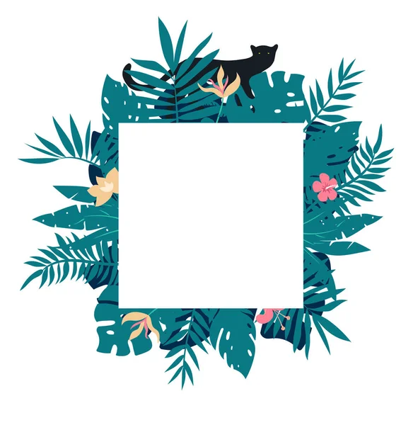 Cadre tropical carré avec feuilles et panthère noire. Illustration vectorielle — Image vectorielle