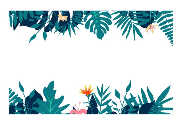 Selva tropical exótica selva tropical verde brillante palma turquesa azul marino y hojas de monstera marco de borde plantilla sobre fondo blanco . — Vector de stock