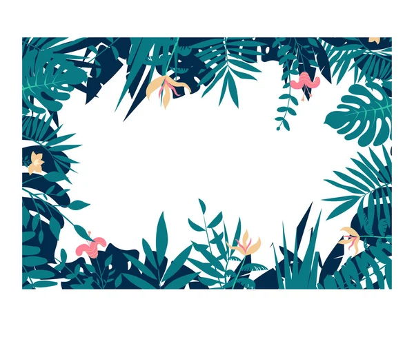 Feuilles et fleurs colorées de fond de plantes tropicales. Cadre floral horizontal avec espace pour le texte . — Image vectorielle