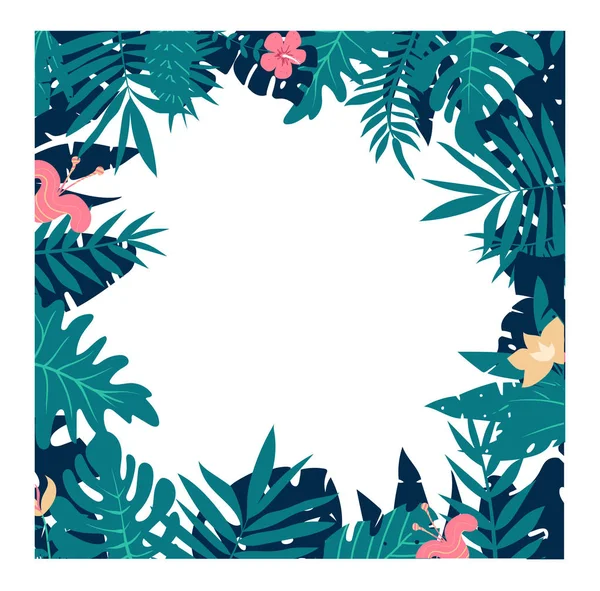 Feuilles et fleurs colorées de fond de plantes tropicales. Cadre floral carré avec espace pour le texte — Image vectorielle
