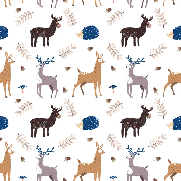 Vzor bezešvé s obrazem elk, Ježek a jeleny. Vektorové ilustrace. Konstrukce lze použít pro textil, tapety, oblečení, balicí papír — Stockový vektor