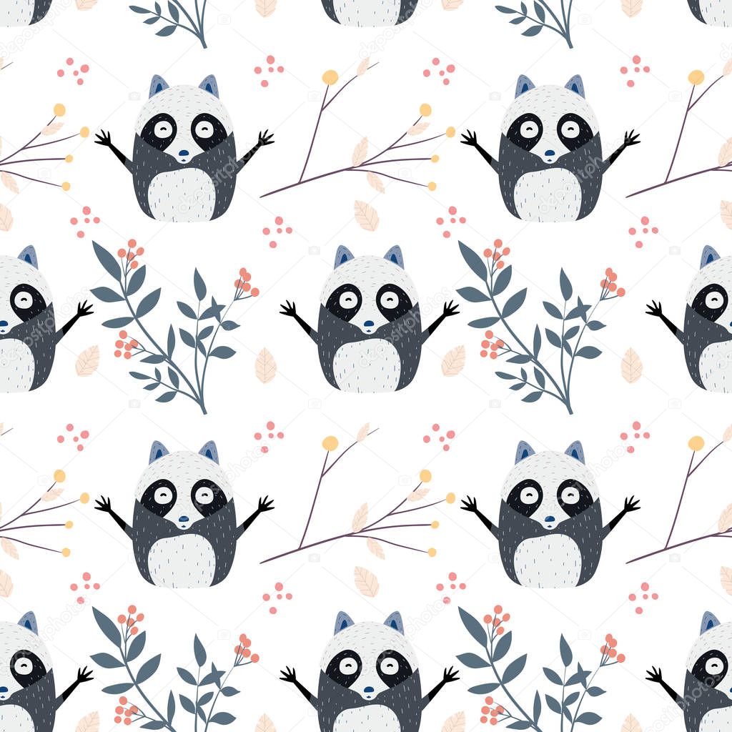 Seamless pattern with cute baby raccoons. Kids vector background.