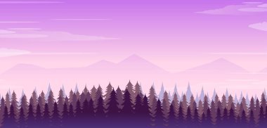 Dağ manzarası ile orman ve ağaç geniş gerçekçi Illustration. Mor gece gökyüzü