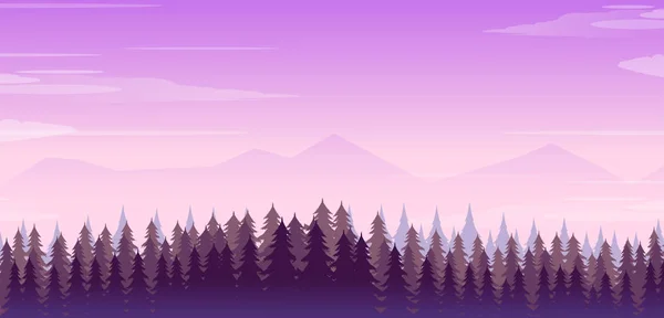 Grande illustration réaliste du paysage montagneux avec forêt et arbres. Ciel nocturne violet — Image vectorielle