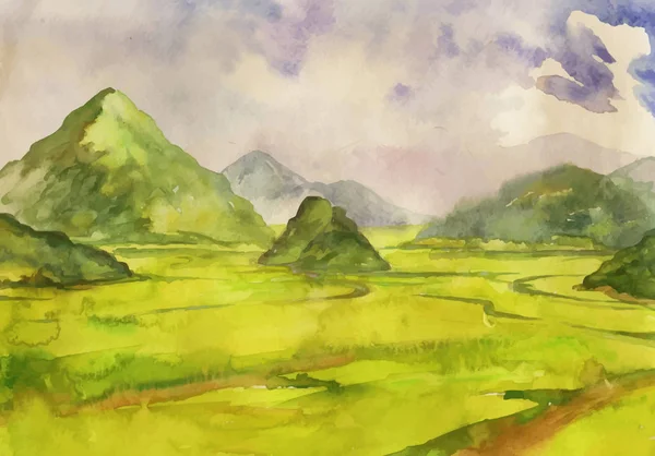 Abstrakcyjny Vector akwarela krajobraz, pajęczyna rano, mgła w polu z trawy i wzgórza, ręcznie rysowane ilustracji. — Wektor stockowy