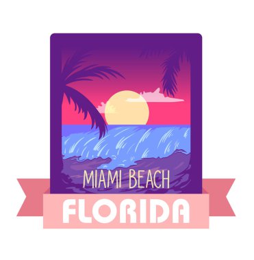 T-shirt, baskı, poster, broşür için Retro Vintage grafik tarzında Florida Miami yaz-vektör illüstrasyon kavramı. Palms, Güneş, yaz seyahat tatil