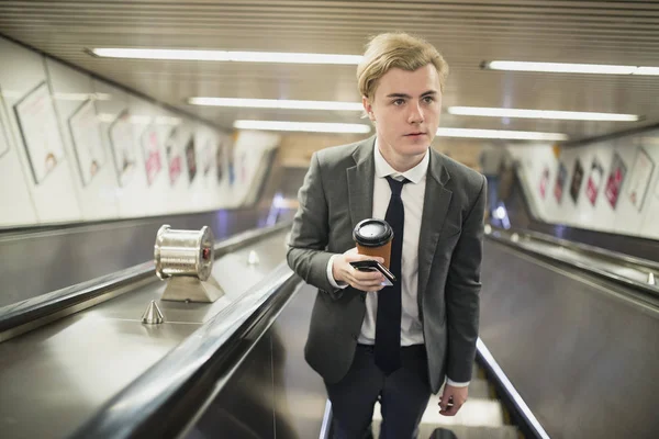 Young Businessman Moving Escalator His Morning Commute Work — Stock Photo, Image