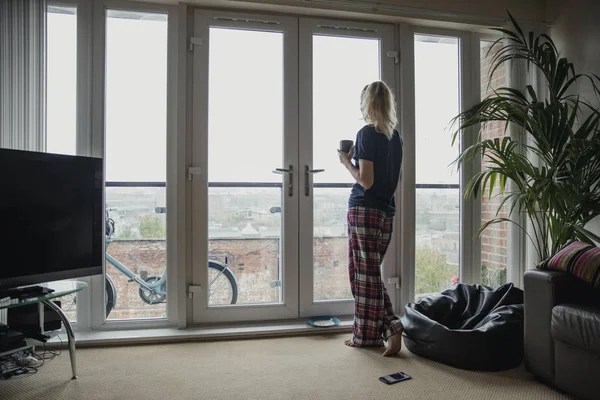 Vista Trasera Una Joven Adulta Mirando Por Ventana Después Desayunar —  Fotos de Stock