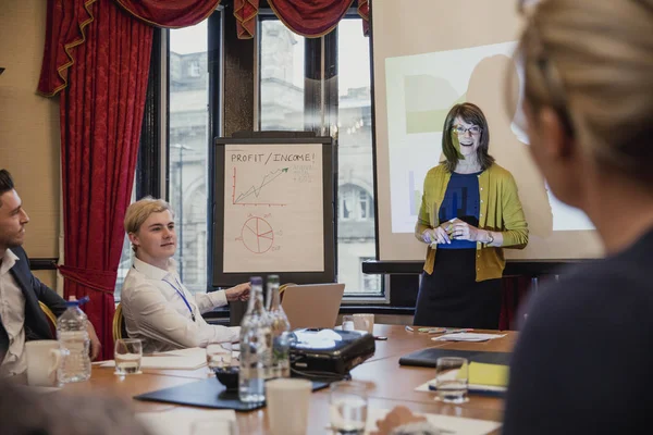 Punto Vista Ángulo Una Mujer Negocios Dando Una Presentación Negocios — Foto de Stock