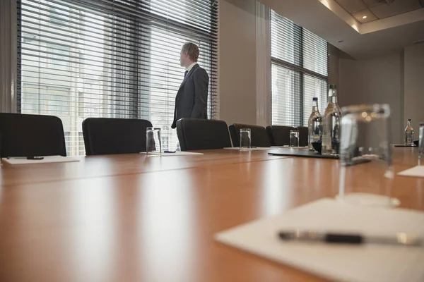 Young Businessman Waiting Have Meeting Stood Looking Out Window Conference — Stock Photo, Image