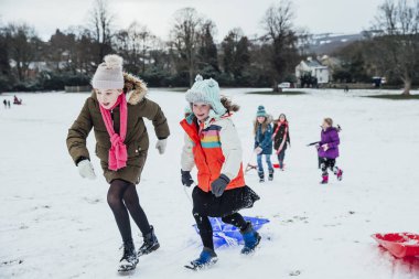 Grup Genç arkadaşlar halletme birlikte karda. Geri onların kızaklarımız ile tepeye olduklarını.