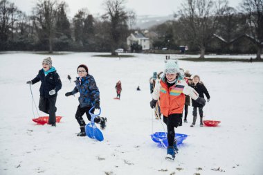 Topluluk çocuklar karda kızaklarımız birlikte bir yarış için bir tepeye çalıştırıyorsanız. 