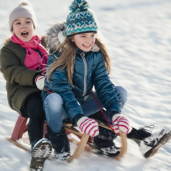 İki küçük kız karda bir kızak üzerinde eğlenceli yaşıyorsanız. 