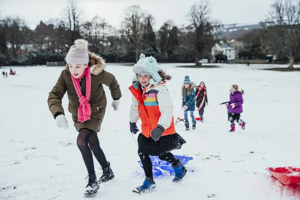 Grup Genç arkadaşlar halletme birlikte karda. Geri onların kızaklarımız ile tepeye olduklarını.