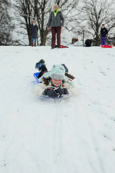 Little Girl Lying Her Belly Sled Zooming Big Hill Snow — Stock Photo, Image