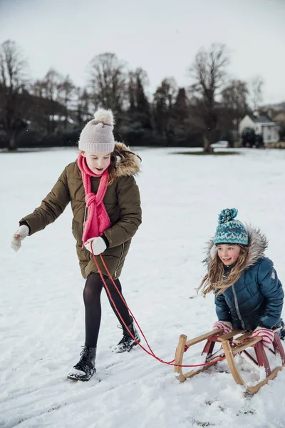 İki küçük kız karda eğleniyorlar. Bir kız diğer bir kızak üzerinde çekiyor.