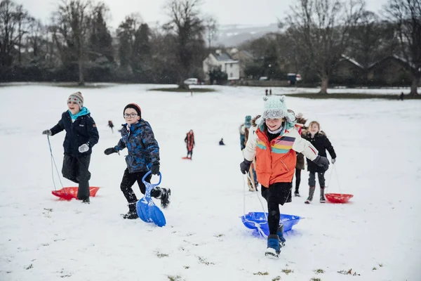 Topluluk çocuklar karda kızaklarımız birlikte bir yarış için bir tepeye çalıştırıyorsanız. 