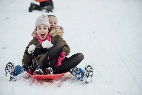 Två Små Flickor Kommer Nedför Snöig Backe Tillsammans Släde — Stockfoto